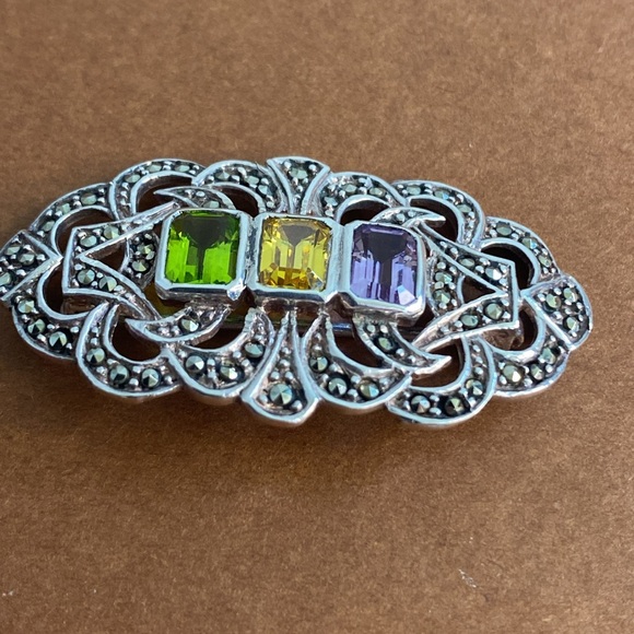 Vintage Sterling Silver Amethyst Citrine Peridot & Marcasite Brooch Pin - Picture 7 of 11